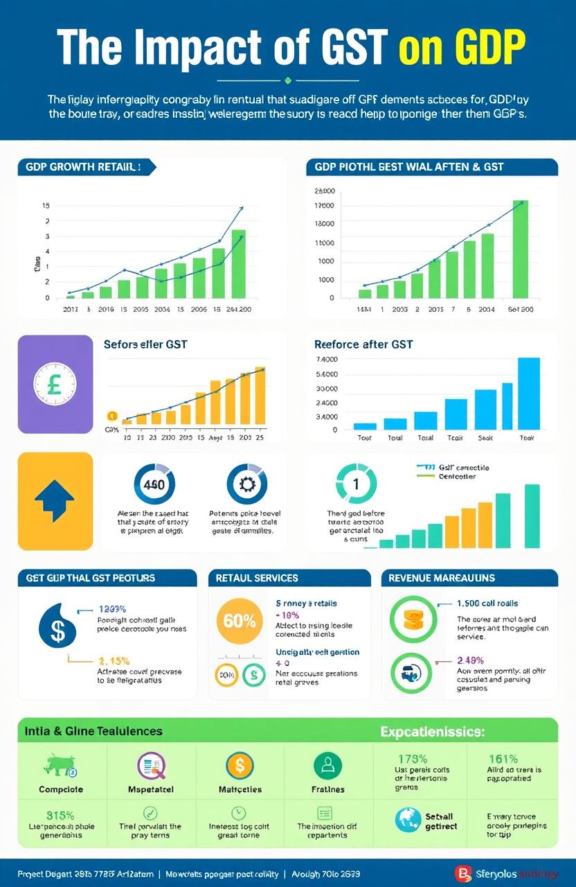 An informative infographic illustrating the impact of GST (Goods and Services Tax) on GDP (Gross Domestic Product) in a visually appealing and easy-to-understand manner