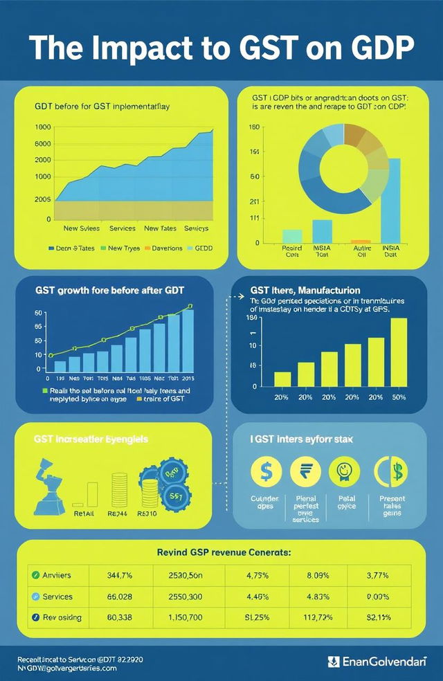 An informative infographic illustrating the impact of GST (Goods and Services Tax) on GDP (Gross Domestic Product) in a visually appealing and easy-to-understand manner