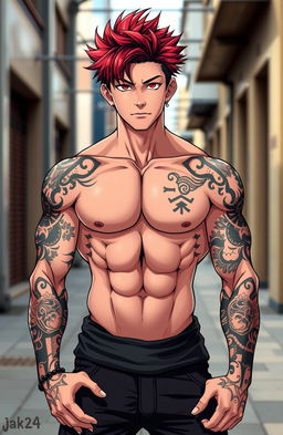 A handsome young man with a striking presence, featuring a Yakuza tattoo that covers his arms, showcasing intricate designs and patterns