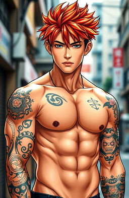A handsome young man with a striking presence, featuring a Yakuza tattoo that covers his arms, showcasing intricate designs and patterns
