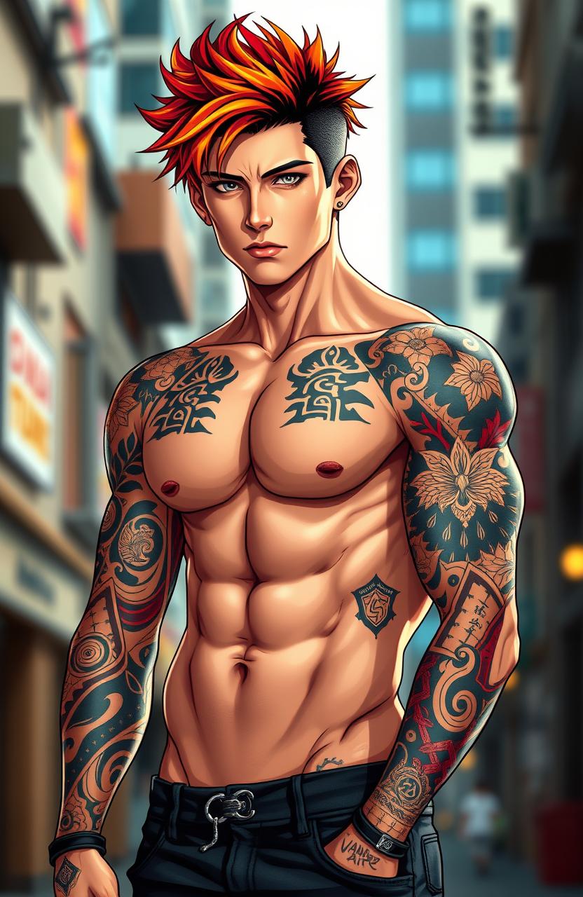 A handsome young man with a striking presence, featuring a Yakuza tattoo that covers his arms, showcasing intricate designs and patterns