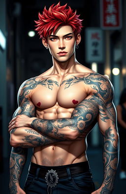 A handsome young man with a striking presence, featuring a Yakuza tattoo that covers his arms, showcasing intricate designs and patterns