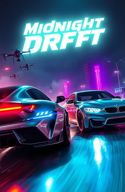 A high-stakes night race scene featuring a sleek grey Top Modified Toyota Supra MK4 and a BMW M3 F80, tearing through a neon-lit, futuristic cityscape