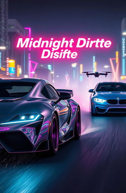A high-stakes night race scene featuring a sleek grey Top Modified Toyota Supra MK4 and a BMW M3 F80, tearing through a neon-lit, futuristic cityscape