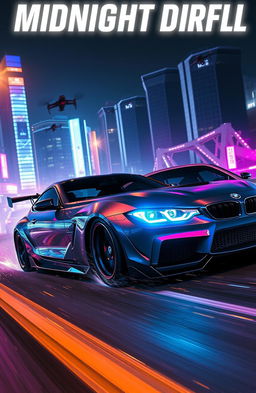 A high-stakes night race scene featuring a sleek grey Top Modified Toyota Supra MK4 and a BMW M3 F80, tearing through a neon-lit, futuristic cityscape