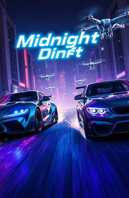 A high-stakes night race scene featuring a sleek grey Top Modified Toyota Supra MK4 and a BMW M3 F80, tearing through a neon-lit, futuristic cityscape