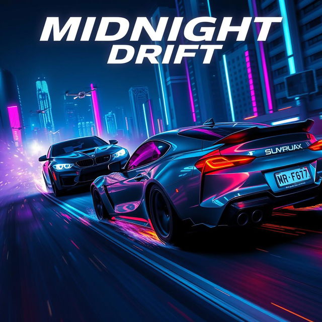 A high-stakes night race scene featuring a sleek grey Top Modified Toyota Supra MK4 and a BMW M3 F80, soaring through a neon-lit, futuristic cityscape