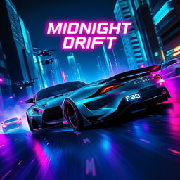 A high-stakes night race scene featuring a sleek grey Top Modified Toyota Supra MK4 and a BMW M3 F80, soaring through a neon-lit, futuristic cityscape