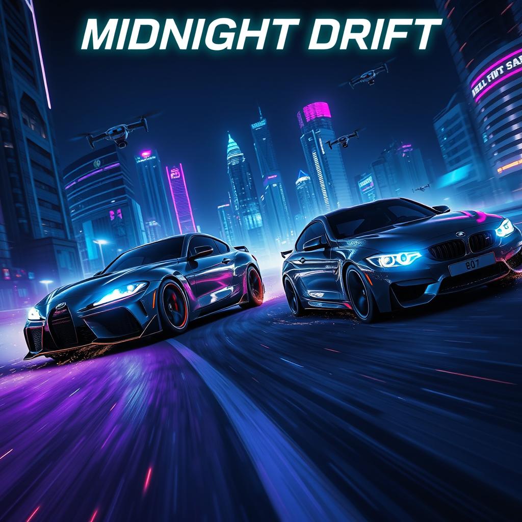 A high-stakes night race scene featuring a sleek grey Top Modified Toyota Supra MK4 and a BMW M3 F80, soaring through a neon-lit, futuristic cityscape