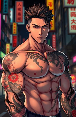 A handsome young man with a muscular build, inspired by the character Kirishima from anime