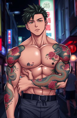 A handsome young man with a muscular build, inspired by the character Kirishima from anime