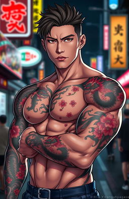 A handsome young man with a muscular build, inspired by the character Kirishima from anime