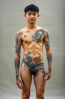A full-body portrait of a young man with a striking Yakuza tattoo that wraps around his torso and limbs
