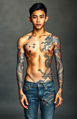 A full-body portrait of a young man with a striking Yakuza tattoo that wraps around his torso and limbs