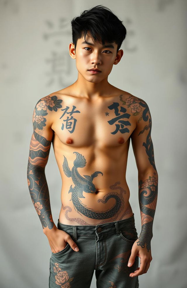 A full-body portrait of a young man with a striking Yakuza tattoo that wraps around his torso and limbs