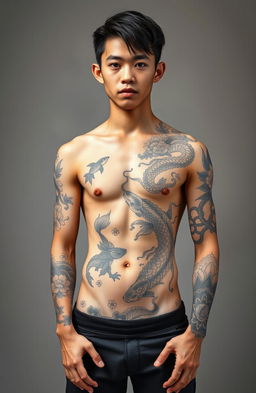 A full-body portrait of a young man with a striking Yakuza tattoo that wraps around his torso and limbs