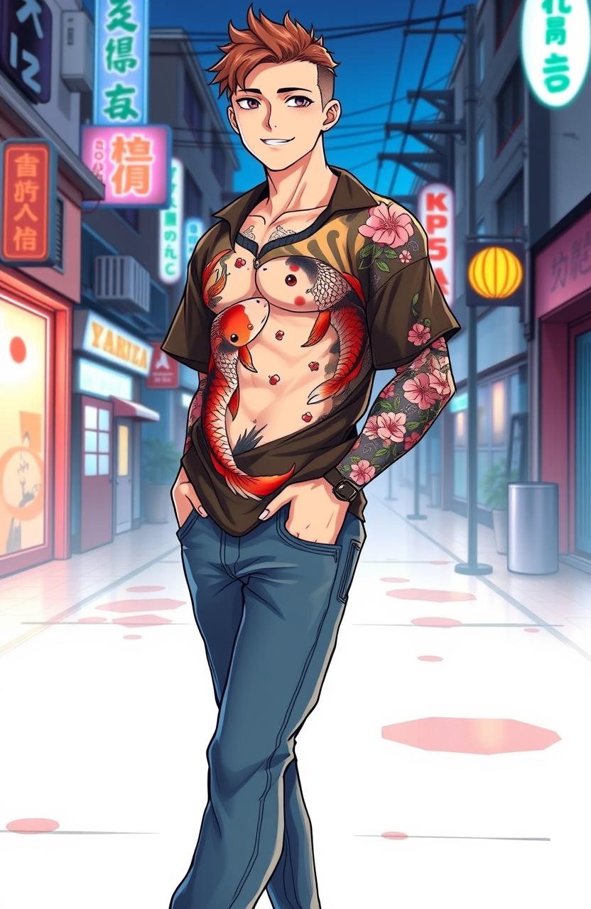 A full-body portrait of a young man with a Yakuza tattoo, showcasing intricate designs featuring koi fish and cherry blossoms