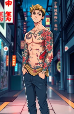 A full-body portrait of a young man with a Yakuza tattoo, showcasing intricate designs featuring koi fish and cherry blossoms