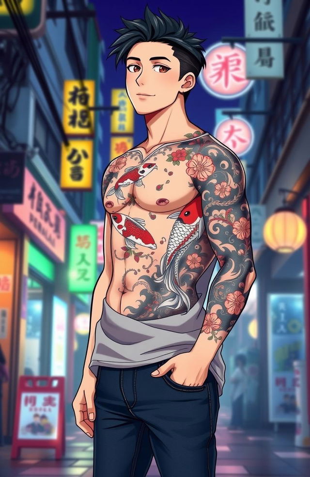 A full-body portrait of a young man with a Yakuza tattoo, showcasing intricate designs featuring koi fish and cherry blossoms