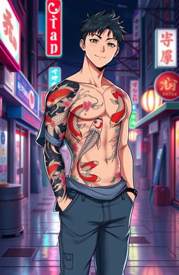 A full-body portrait of a young man with a Yakuza tattoo, showcasing intricate designs featuring koi fish and cherry blossoms