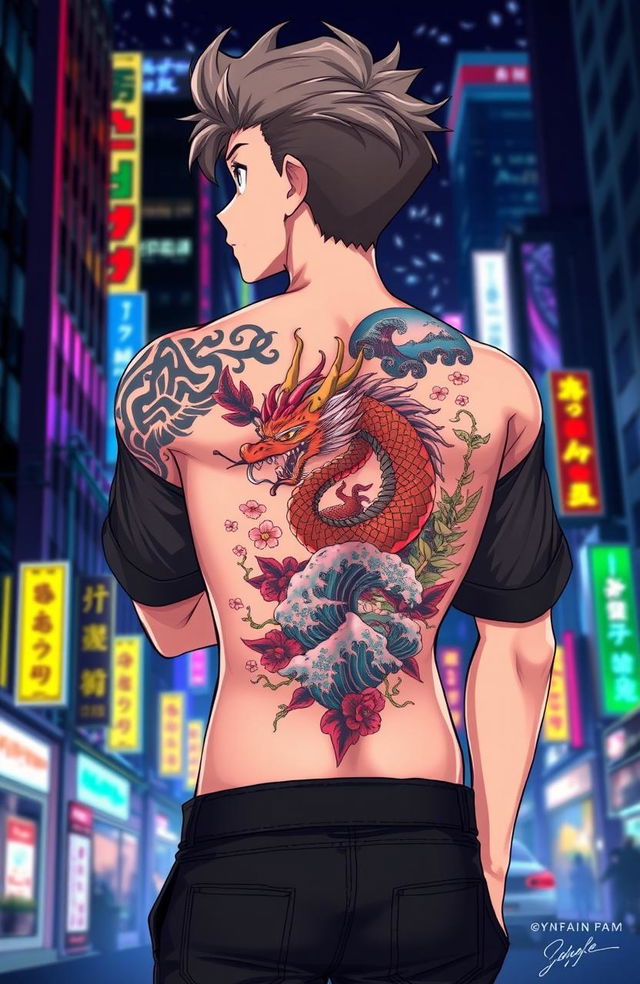 An anime-style illustration featuring a young man with a detailed Yakuza tattoo on his back