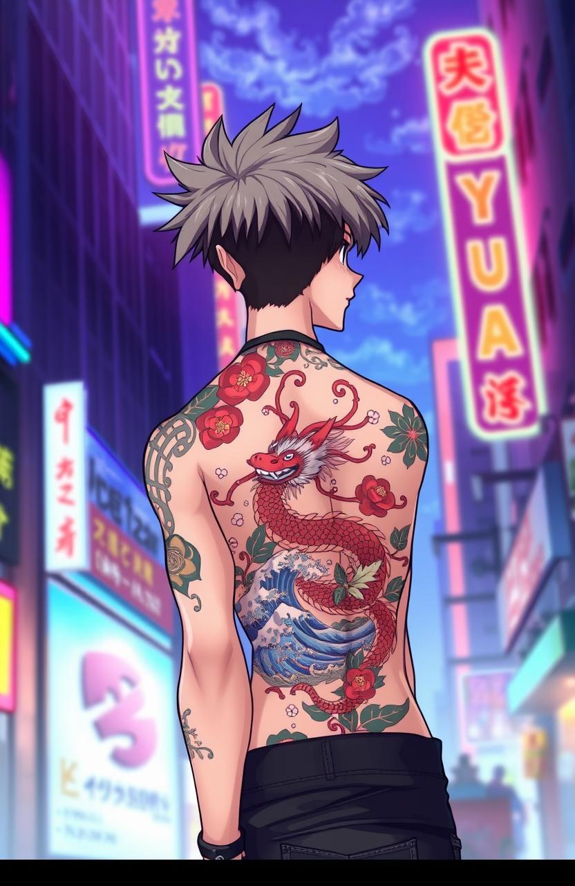 An anime-style illustration featuring a young man with a detailed Yakuza tattoo on his back