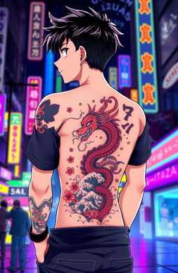 An anime-style illustration featuring a young man with a detailed Yakuza tattoo on his back