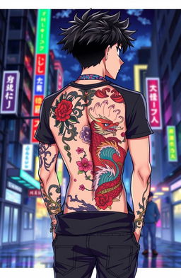 An anime-style illustration featuring a young man with a detailed Yakuza tattoo on his back