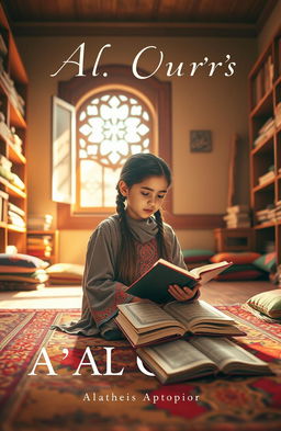 A captivating novel cover depicting a young girl deeply focused as she memorizes the Al-Qur'an in an Islamic boarding school
