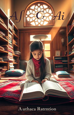 A captivating novel cover depicting a young girl deeply focused as she memorizes the Al-Qur'an in an Islamic boarding school