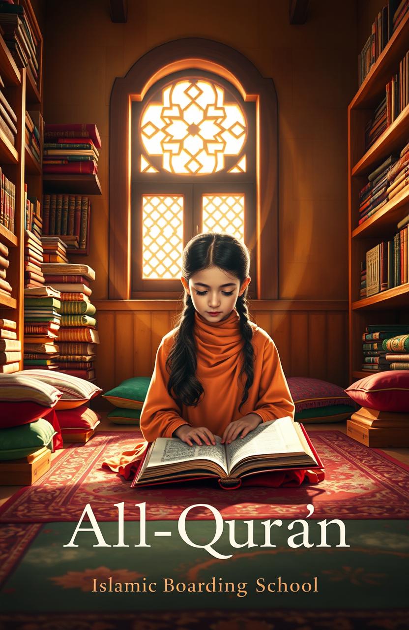 A captivating novel cover depicting a young girl deeply focused as she memorizes the Al-Qur'an in an Islamic boarding school