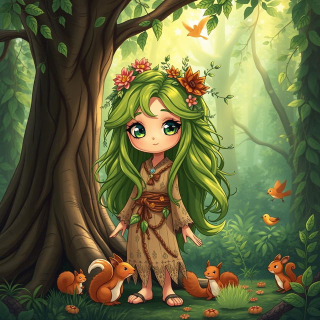 A cute druid girl in a lush, enchanted forest