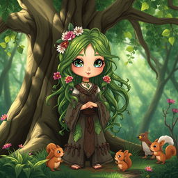 A cute druid girl in a lush, enchanted forest