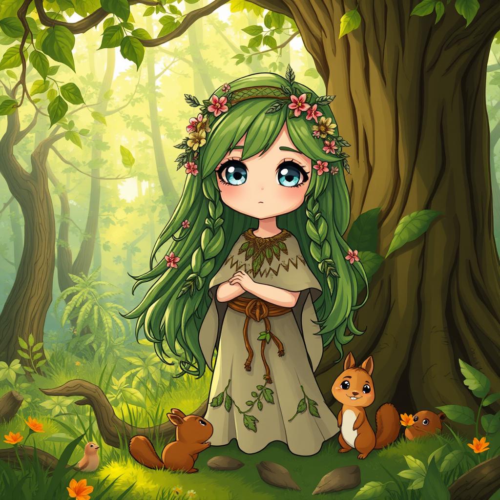 A cute druid girl in a lush, enchanted forest