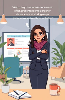 A stylistically illustrated scene depicting Aisha, a confident marketing director in a modern office setting, preparing for an important presentation