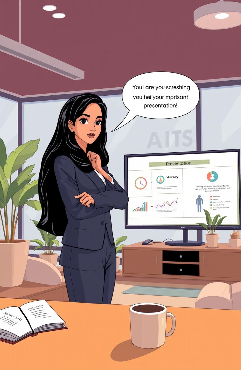 A stylistically illustrated scene depicting Aisha, a confident marketing director in a modern office setting, preparing for an important presentation