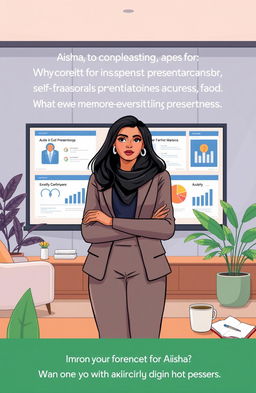 A stylistically illustrated scene depicting Aisha, a confident marketing director in a modern office setting, preparing for an important presentation