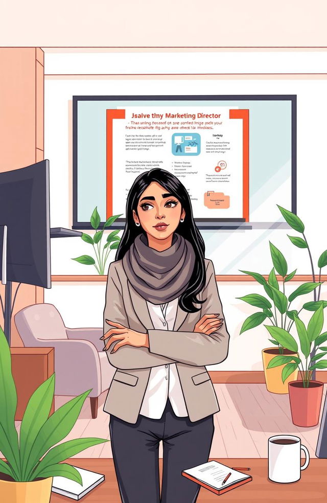 A stylistically illustrated scene depicting Aisha, a confident marketing director in a modern office setting, preparing for an important presentation