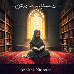 A striking novel cover illustrating a Muslim girl deeply engaged in memorizing the Al-Qur'an within the serene confines of an Islamic boarding school