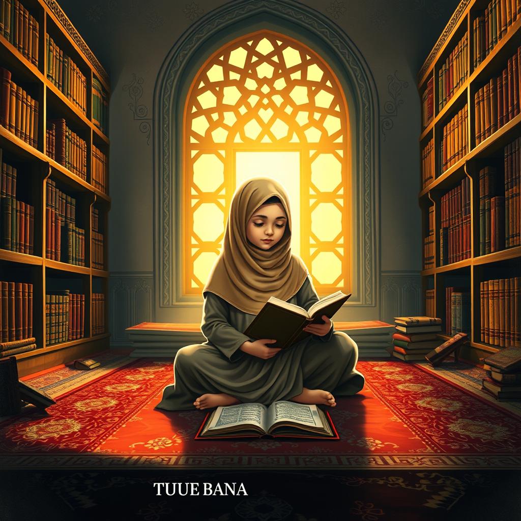 A striking novel cover illustrating a Muslim girl deeply engaged in memorizing the Al-Qur'an within the serene confines of an Islamic boarding school