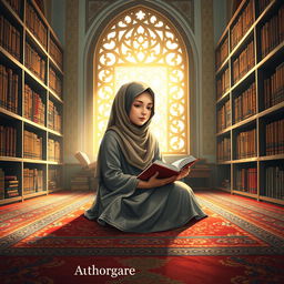 A striking novel cover illustrating a Muslim girl deeply engaged in memorizing the Al-Qur'an within the serene confines of an Islamic boarding school