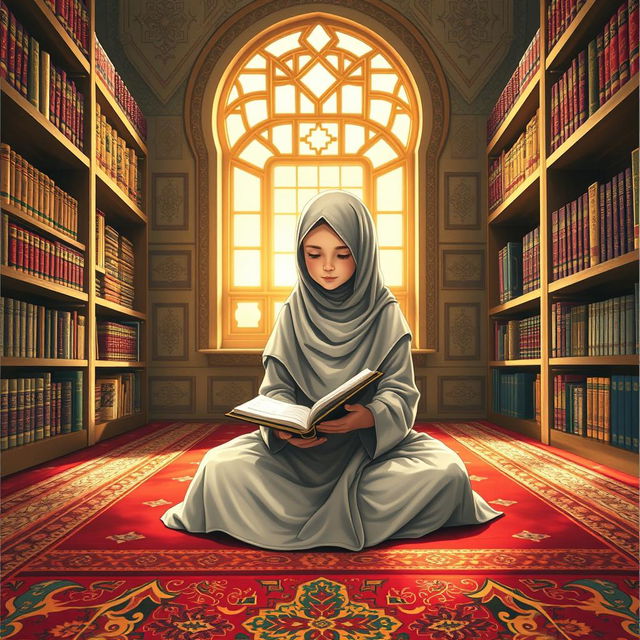 A striking novel cover illustrating a Muslim girl deeply engaged in memorizing the Al-Qur'an within the serene confines of an Islamic boarding school