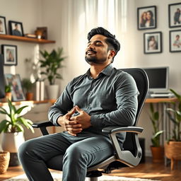 A serene scene depicting Rajesh, a busy project manager and parent, practicing the '4-7-8' breathing technique in a tranquil home office