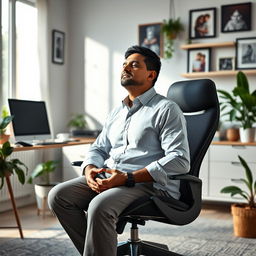 A serene scene depicting Rajesh, a busy project manager and parent, practicing the '4-7-8' breathing technique in a tranquil home office