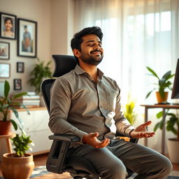 A serene scene depicting Rajesh, a busy project manager and parent, practicing the '4-7-8' breathing technique in a tranquil home office