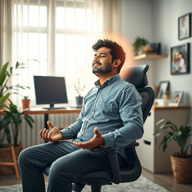 A serene scene depicting Rajesh, a busy project manager and parent, practicing the '4-7-8' breathing technique in a tranquil home office