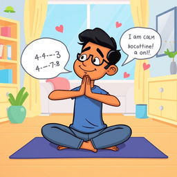 A colorful cartoon illustration depicting Rajesh, a busy project manager and parent, practicing the '4-7-8' breathing technique in a lighthearted way