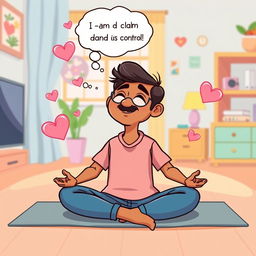 A colorful cartoon illustration depicting Rajesh, a busy project manager and parent, practicing the '4-7-8' breathing technique in a lighthearted way