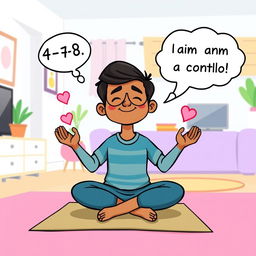 A colorful cartoon illustration depicting Rajesh, a busy project manager and parent, practicing the '4-7-8' breathing technique in a lighthearted way