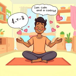 A colorful cartoon illustration depicting Rajesh, a busy project manager and parent, practicing the '4-7-8' breathing technique in a lighthearted way